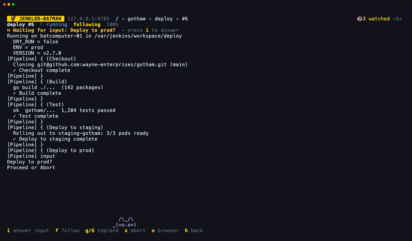 A build log following a pipeline that is waiting for input